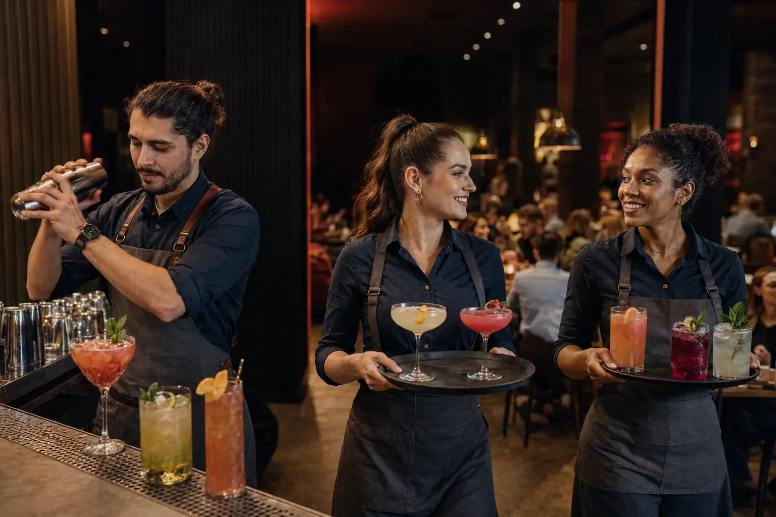 Professionelles Serviceteam bereitet und serviert Cocktails während des Restaurantbetriebs