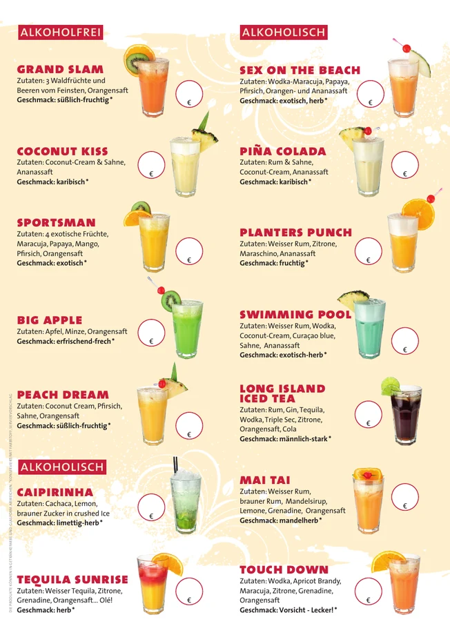 Braune WonderBar Cocktailkarte für 14 Sorten, Innenseite