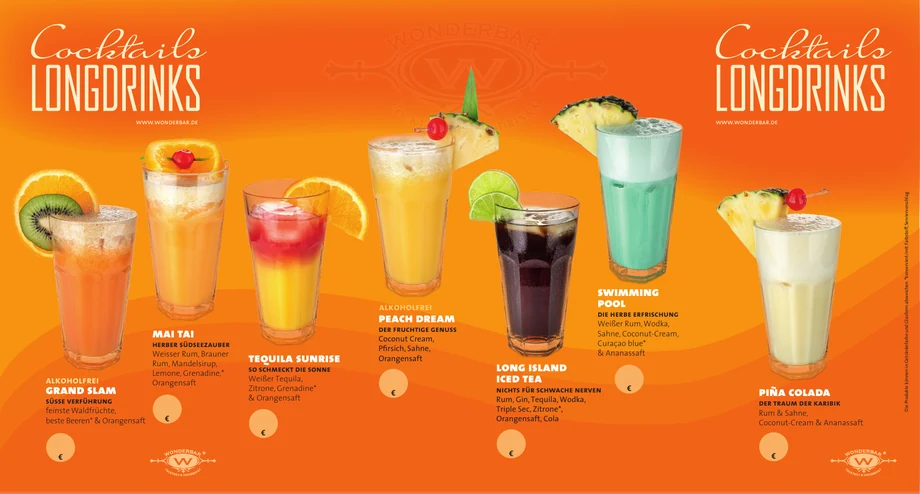 Orange WonderBar Cocktailkarte für 14 Sorten, Titelseite