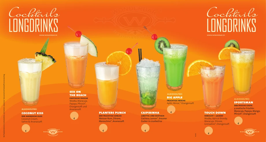 Orange WonderBar Cocktailkarte für 14 Sorten, Innenseite