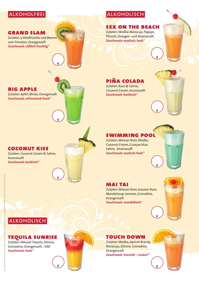 Braune WonderBar Cocktailkarte für 9 Sorten, Innenseite