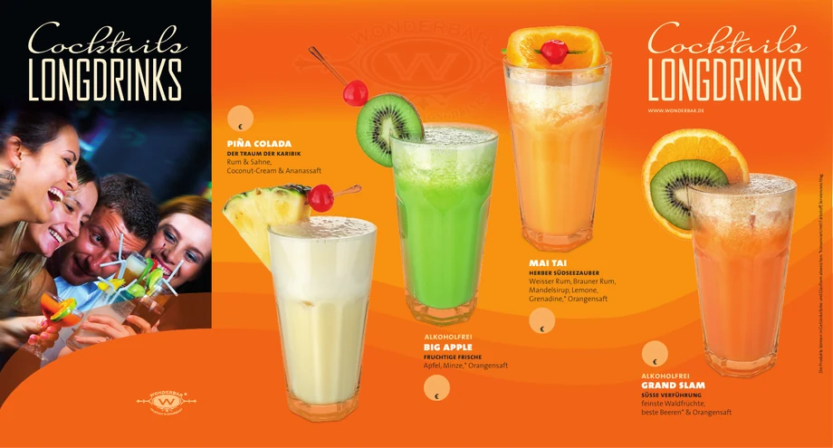 Orange WonderBar Cocktailkarte für 9 Sorten, Titelseite